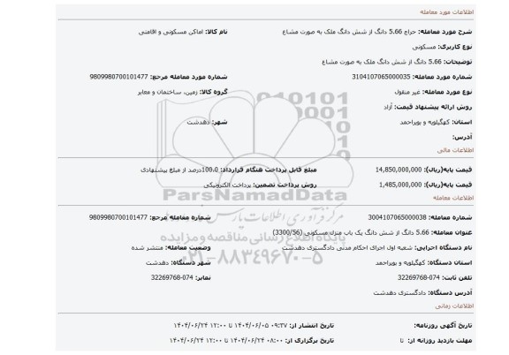 مزایده، 5.66 دانگ از شش دانگ ملک به صورت مشاع