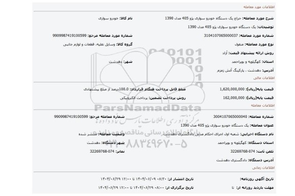 مزایده، یک دستگاه خودرو سواری پژو 405 مدل 1390