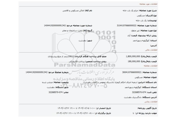 مزایده، یک باب خانه