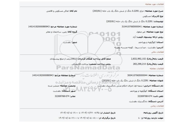 مزایده، 0.2291 دانگ از شش دانگ یک باب خانه (203/61)