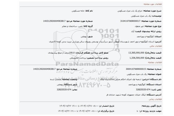 مزایده، یک باب منزل مسکونی