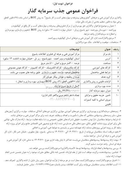 مناقصه و مزایده فراخوان عمومی جذب سرمایه گذار ....