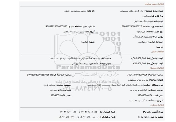 مزایده، فروش ملک مسکونی