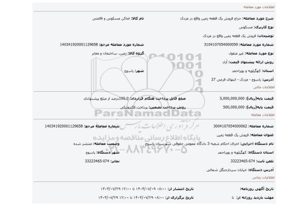 مزایده، فروش یک  قطعه زمین واقع در مزدک