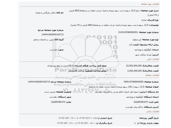 مزایده، 12.5 سهم از صد سهم عرصه و اعیان دو باب مغازه در دو طبقه(3821 فرعی از 70 اصلی)