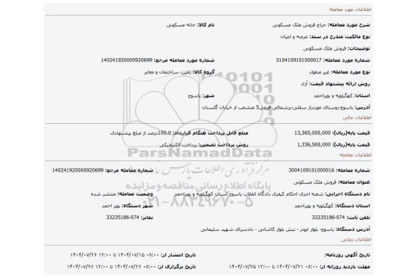مزایده، فروش ملک مسکونی