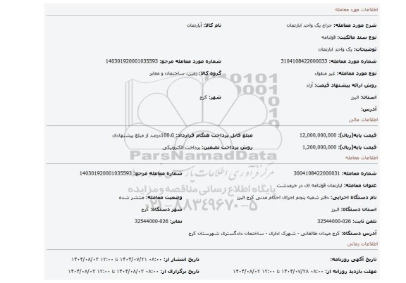 مزایده، یک واحد ابارتمان