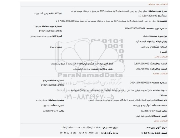 مزایده، رزش روز زمین قطعه  شماره 2 به مساحت 637 متر مربع  با درختان موجود در آن جمعاً مبلغ 7.857.000.000 ( ه