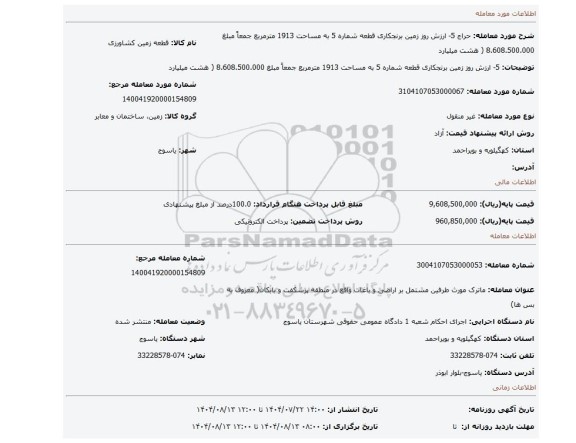 مزایده، 5- ارزش روز زمین برنجکاری قطعه شماره 5 به مساحت 1913 مترمربع جمعاً مبلغ 8.608.500.000 ( هشت میلیارد