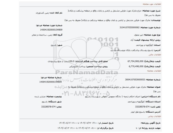 مزایده،  ماترک مورث طرفین مشتمل بر اراضی و باغات واقع در منطقه پرشکفت و بابکان( معروف به بس ها)