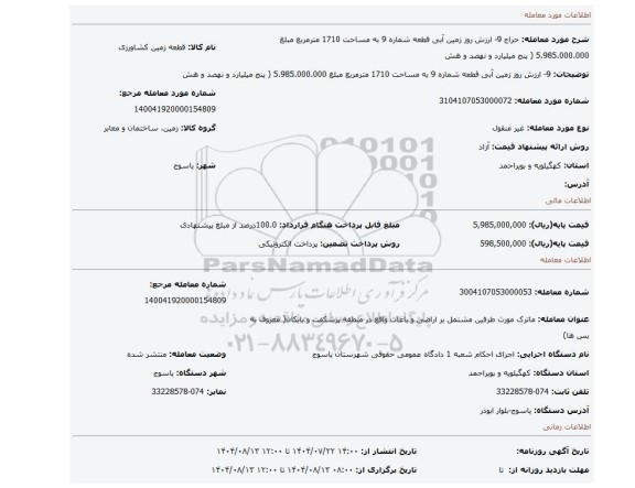 مزایده، 9- ارزش روز زمین آبی قطعه شماره 9 به مساحت 1710 مترمربع مبلغ 5.985.000.000 ( پنج میلیارد و نهصد و هش