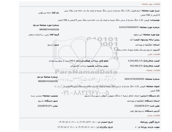 مزایده، فروش 1.21 دانگ مشاع از شش دانگ عرصه و اعیان یک باب خانه  تحت پلاک ثبتی 9 فرعی از 336 اصلی