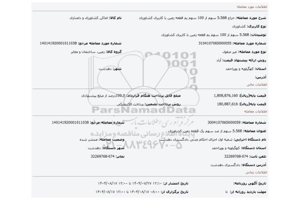 مزایده، 5.568 سهم از 100 سهم یم قطعه زمین با کاربری کشاورزی