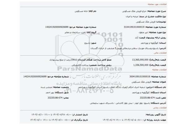 مزایده، فروش ملک مسکونی