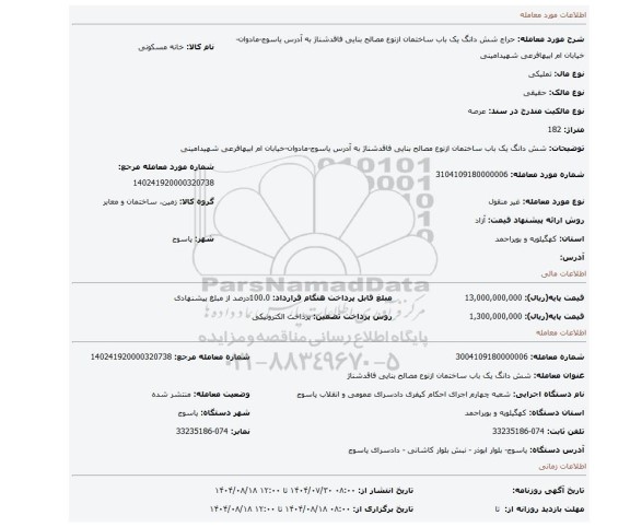 مزایده، شش دانگ یک باب ساختمان ازنوع مصالح بنایی فاقدشناژ به آدرس یاسوج-مادوان-خیابان ام ابیهافرعی شهیدامینی