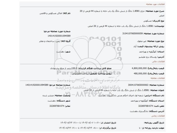 مزایده، 1.8581 دانگ از شش دانگ یک باب خانه با شماره 44 فرعی از 20 اصلی