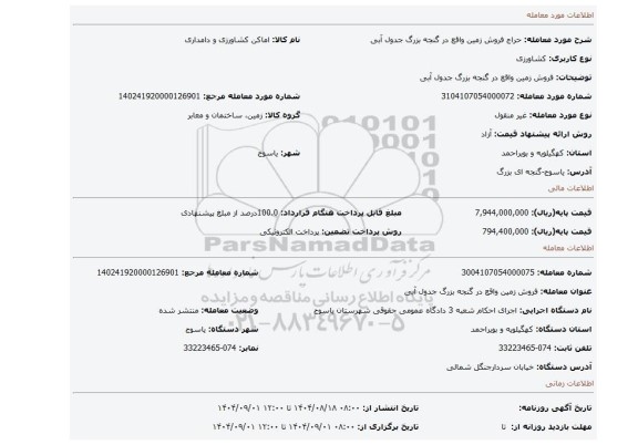 مزایده، فروش زمین واقع در گنجه بزرگ جدول آبی