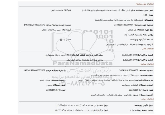 مزایده، شش دانگ یک باب ساختمان ازنوع مصالح بنایی فاقدشناژ