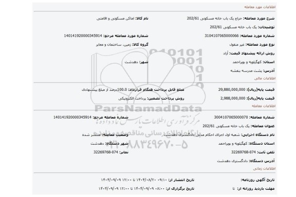 مزایده، یک باب خانه مسکونی 202/61