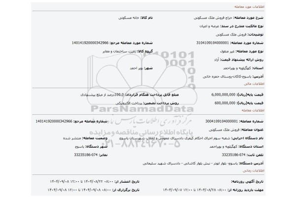 مزایده، فروش ملک مسکونی