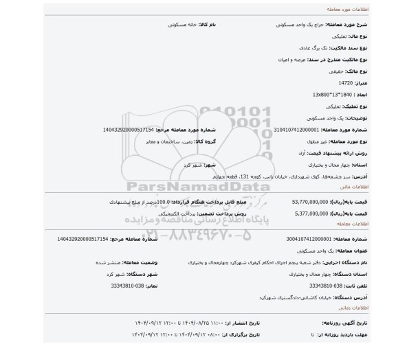 مزایده، یک واحد مسکونی