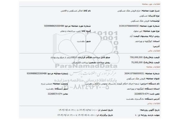 مزایده، فروش ملک مسکونی