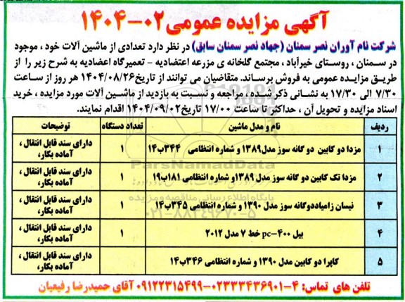 مزایده تعدادی از ماشین آلات 