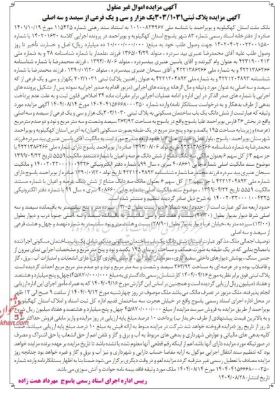 مزایده شش دانگ یک باب ساختمان مسکونی به مساحت 195 یکصد و نود و پنج متر مربع 