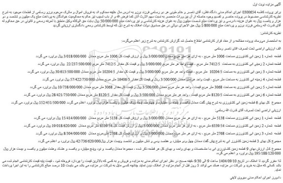 مزایده قطعه  شماره 1 زمین ابی کشاورزی مساحت 1006 متر مربع