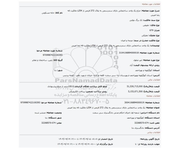 مزایده، یک واحد ساختمانی دارای سندرسمی به پلاک 272 فرعی از 254با مالکیت اله رضا امینی