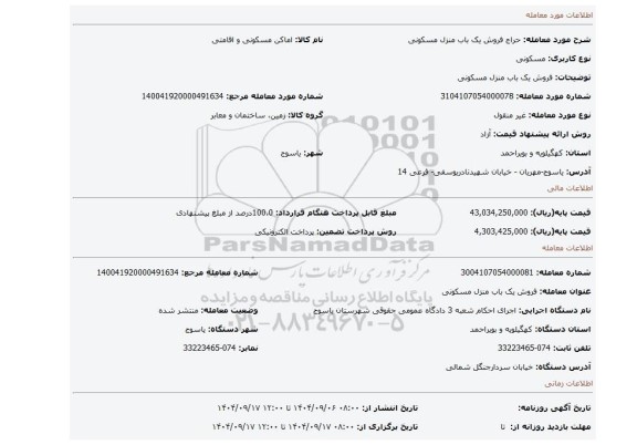 مزایده، فروش یک باب منزل مسکونی