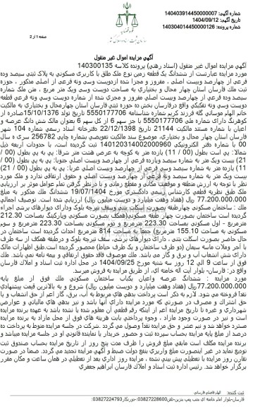مزایده ششدانگ یک قطعه زمین نوع ملک طلق با کاربری مسکونی