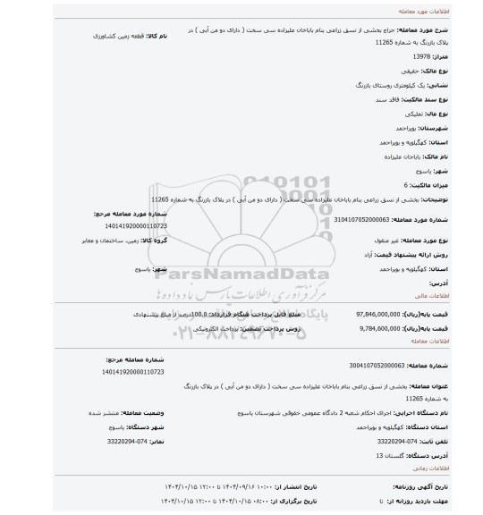 مزایده، بخشی از نسق  زراعی بنام باباخان علیزاده سی سخت  ( دارای دو من آبی ) در پلاک  بازرنگ به شماره 11265