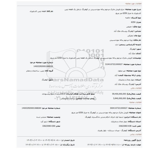 مزایده، فروش ماترک مرحوم یداله محمدحسینی در کوهرنگ شامل یک قطعه زمین کشاورزی به متراژ 6350 متر مربع.