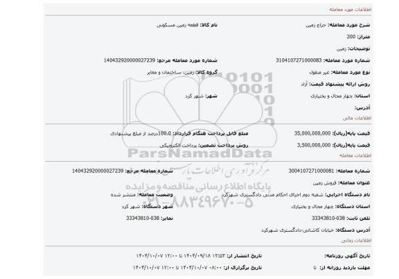 مزایده، زمین