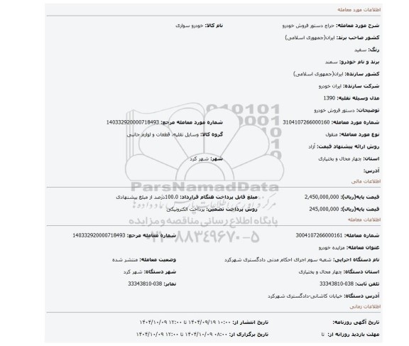 مزایده، دستور فروش خودرو