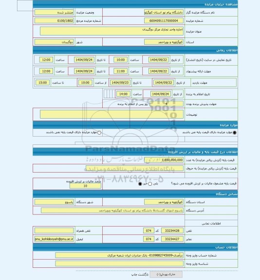 مزایده ، اجاره واحد تجاری مرکز دوگنبدان