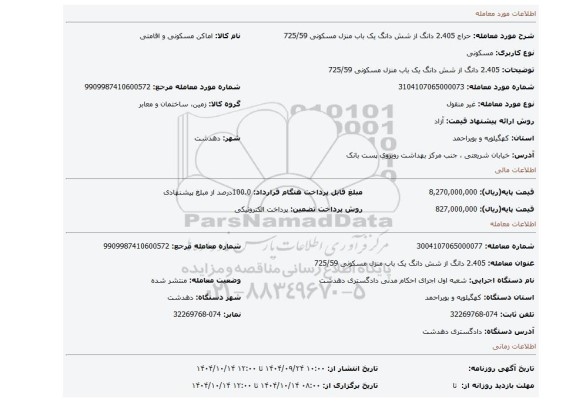 مزایده، 2.405 دانگ از شش دانگ یک باب منزل مسکونی 725/59