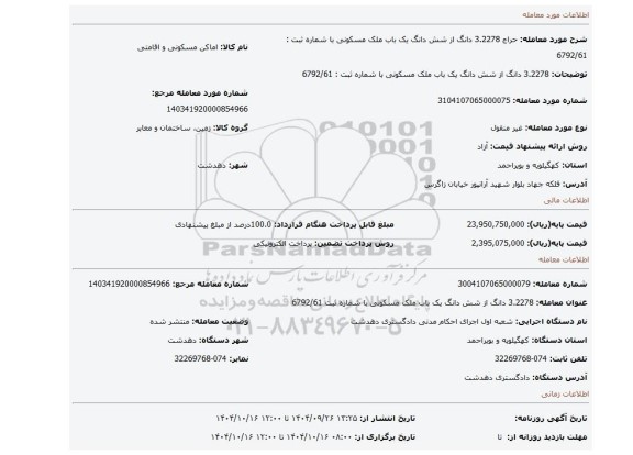 مزایده، 3.2278 دانگ از شش دانگ یک باب ملک مسکونی با شماره ثبت : 6792/61