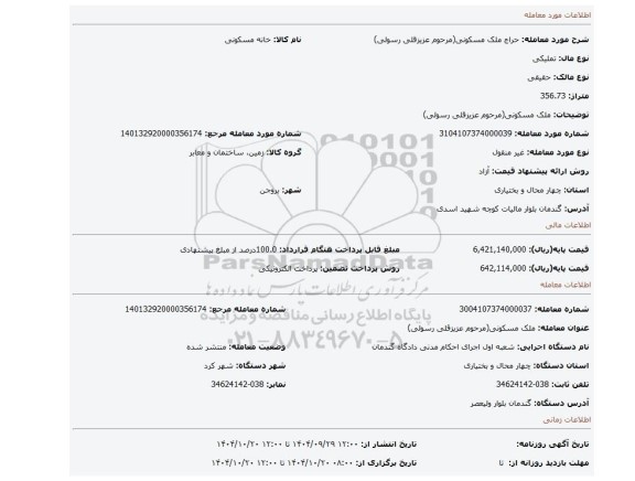 مزایده، ملک مسکونی(مرحوم عزیزقلی رسولی)