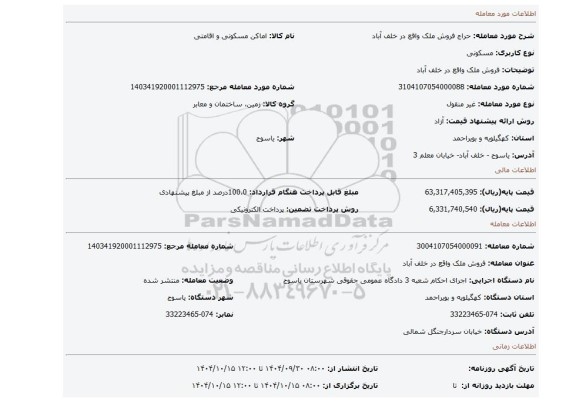 مزایده، فروش ملک واقع در خلف آباد