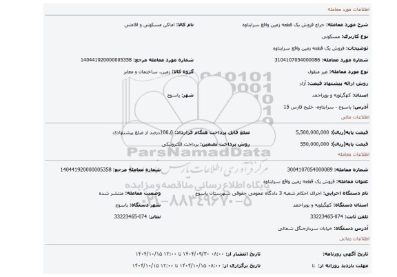 مزایده، فروش یک  قطعه زمین واقع سرابتاوه