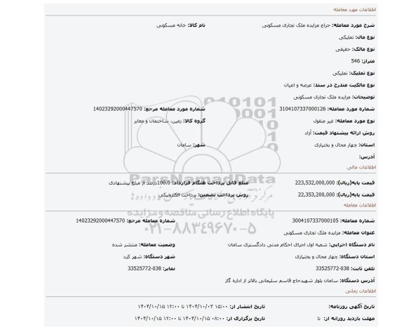 مزایده، مزایده ملک تجاری مسکونی