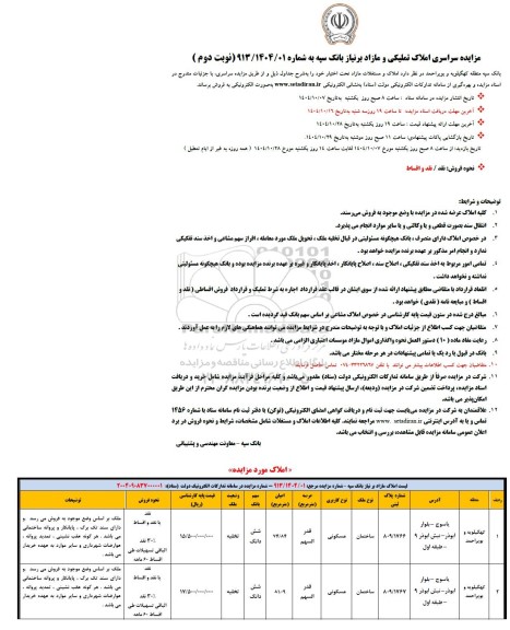مزایده سراسری املاک مازاد بانک سپه - نوبت دوم 