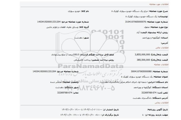مزایده، یک دستگاه خودرو سواری کوئیک s