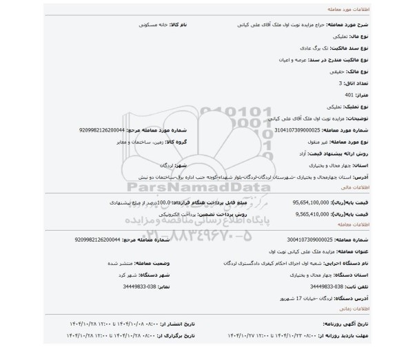 مزایده، مزایده نوبت اول ملک آقای علی کیانی