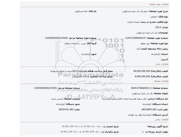 مزایده، یک باب منزل مسکونی