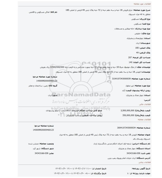 مزایده، فروش 18 حبه و سه دهم  حبه از 72 حبه پلاک ثبتی 49 فرعی از اصلی 185 متعلق به اله مراد خسروی