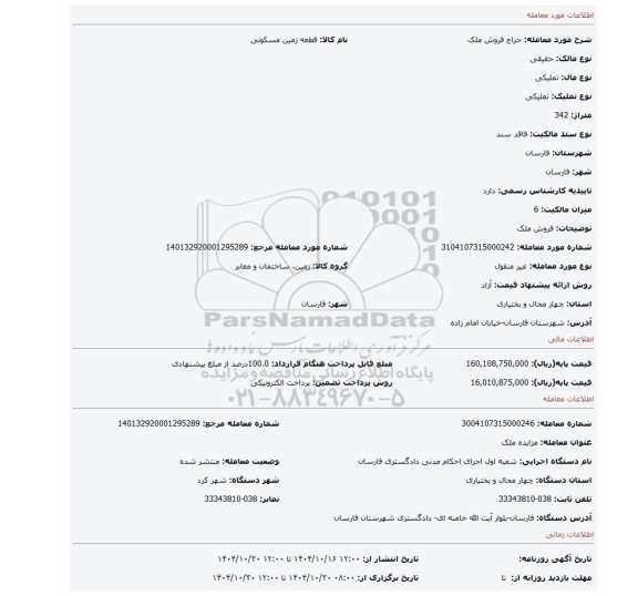 مزایده، فروش ملک