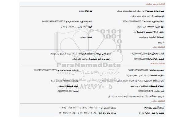 مزایده، یک باب منزل مغازه تجاری